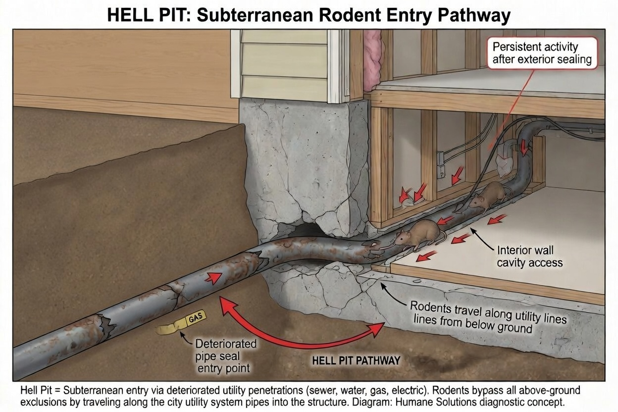 Diagram illustrating subterranean rodent entry pathways through utility lines and deteriorated pipe seals
